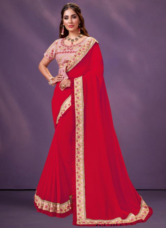 Silk Georgette Red Wedding Wear Embroidery Work Saree